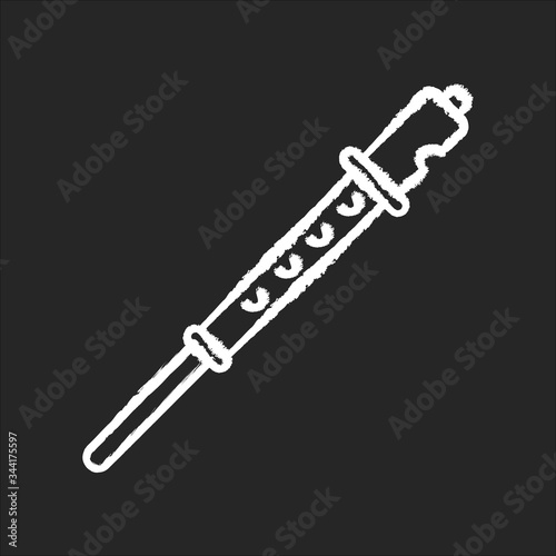 Flute chalk white icon on black background. Recorder musical instrument. Orchestral performance. Pipe with holes to play acoustic melody. Folk festival. Isolated vector chalkboard illustration