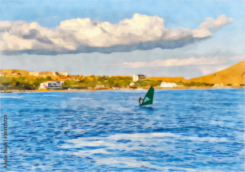 Digital painting. Drawing watercolor. Seascape. Man on a windsurf board. Water sports. Surfing with a sail. Active lifestyle. Digital painting - illustration