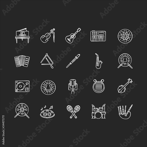 Classical musical instrument chalk white icons set on black background. Live band concert. Orchestral music performance. Play jazz and blues song. Isolated vector chalkboard illustrations