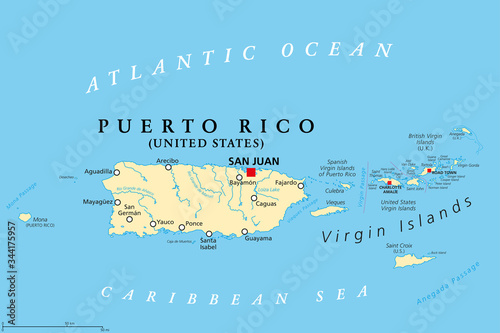 Puerto Rico and Virgin Islands, political map. British, Spanish and United States Virgin Islands. British overseas territory and unincorporated territories of the United States. Illustration. Vector.