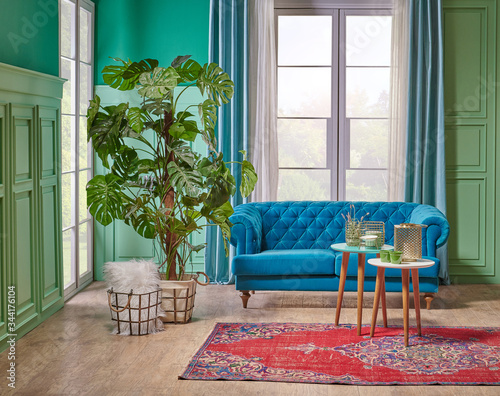 Green living room wall and white window, blue sofa, vae of big plant on the brown parquet with turquoise curtain style.