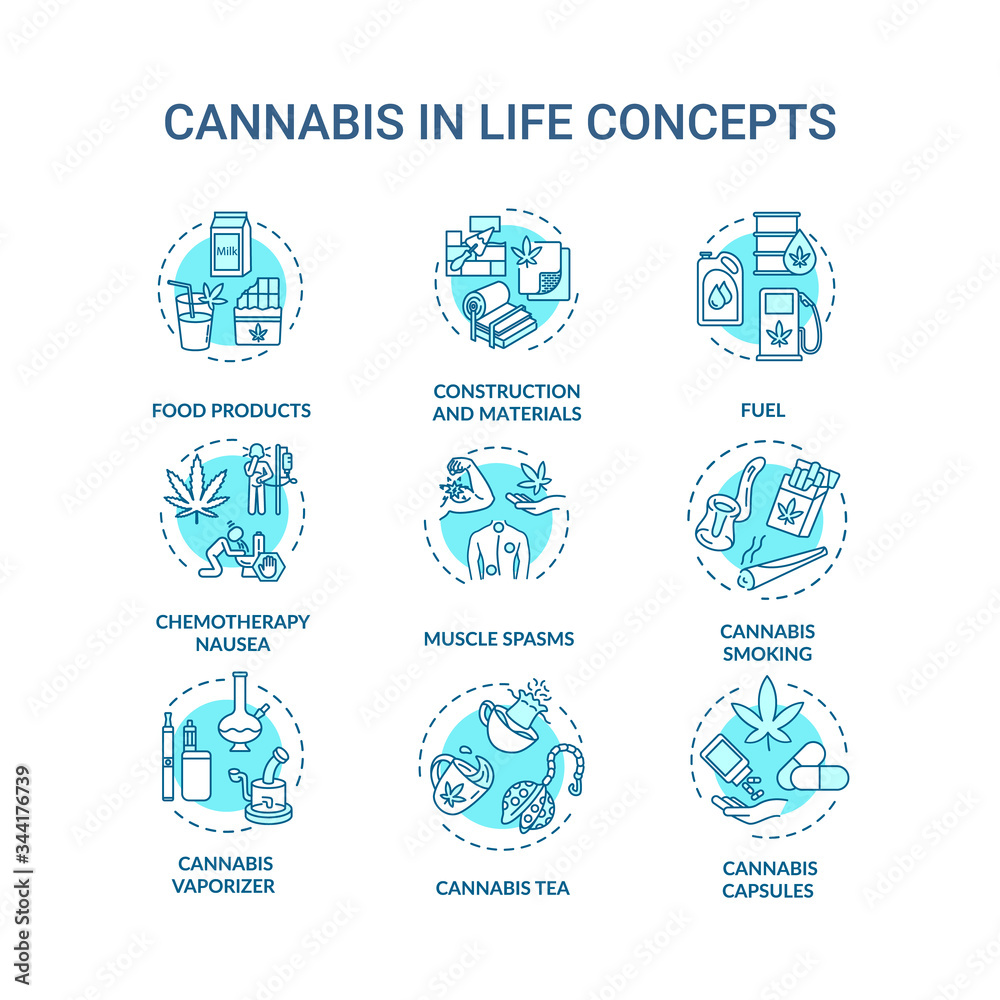 Cannabis concept icons set. Marijuana use, light drugs idea thin line RGB color illustrations. Recreational and medical marihuana side effects. Vector isolated outline drawings. Editable stroke