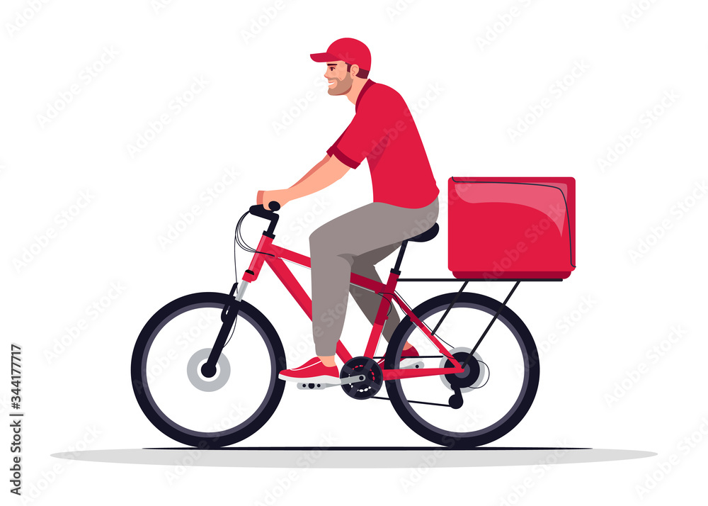 Fototapeta premium Package transport delivery semi flat RGB color vector illustration. Worker with package on bicycle. Caucasian male courier in red uniform isolated cartoon character on white background