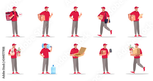 Home and office delivery flat vector illustrations set. Cashless payment for received order. Pizza delivery. Mail carrier. Caucasian male courier in red uniform isolated cartoon one character kit