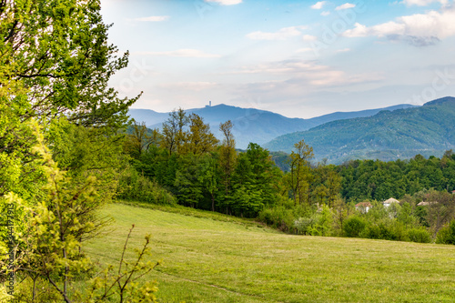 Spring day in the mountains. Wallpaper or desktop background. Green meadow, forest and blue sky with clouds. Forest before rain, cloudy weather. A walk in nature after the quarantine, covid-19 