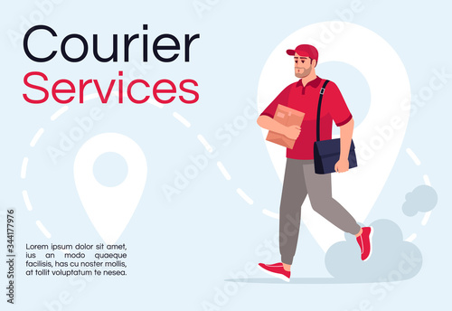 Courier services poster template. Deliveryman with parcel. Mail carrier. Commercial flyer design with semi flat illustration. Vector cartoon promo card. Shipping company advertising invitation