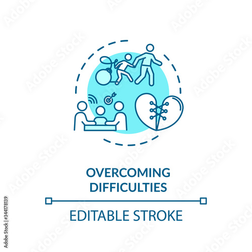 Overcoming difficulties concept icon. Parents helping kid. Family emotional support idea thin line illustration. Successful parenting. Vector isolated outline RGB color drawing. Editable stroke