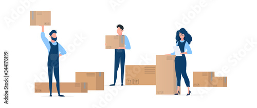 People with boxes. Movers are holding cardboard boxes. The girl with the list in her hands. Design element on the subject of delivery and moving. Isolated. Vector.