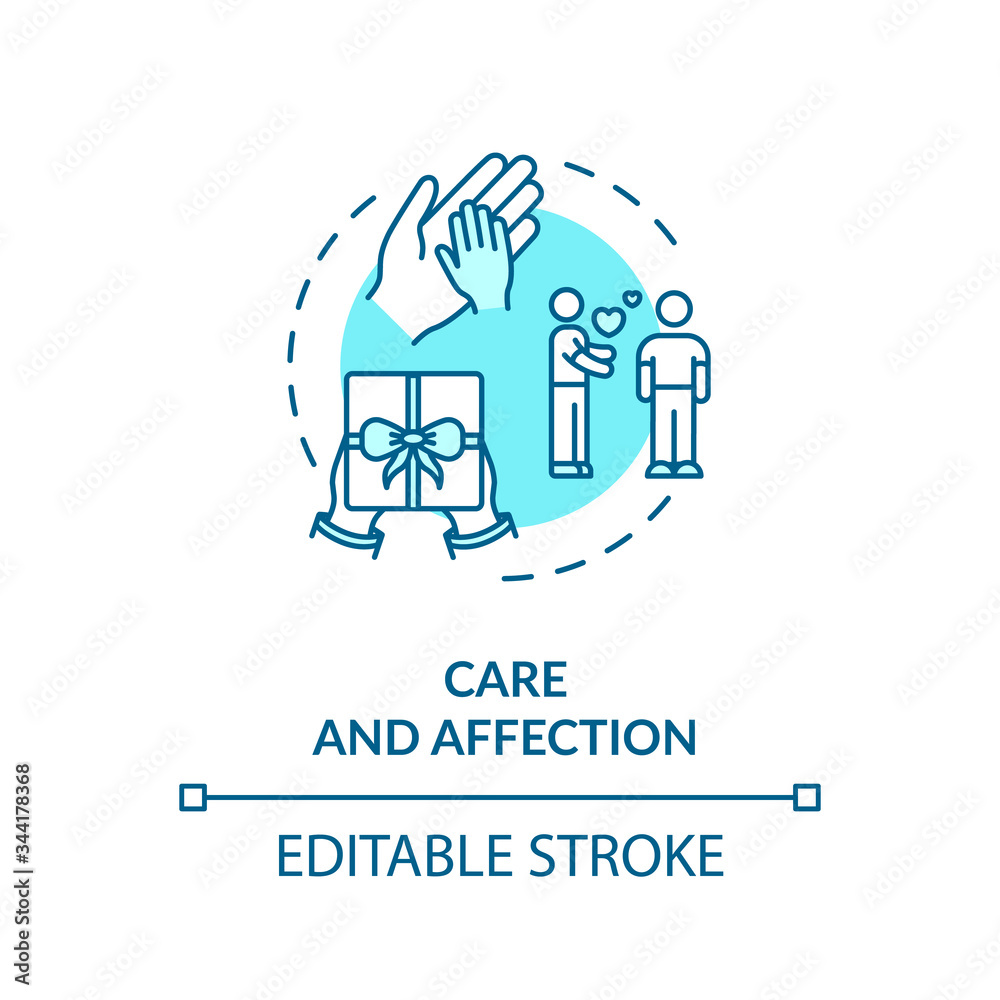 Care and affection concept icon. People help and support idea thin line illustration. Present giving. Friends and family relationship. Vector isolated outline RGB color drawing. Editable stroke Care and affection concept icon. People help and support idea thin line illustration. Present giving. Friends and family relationship. Vector isolated outline RGB color drawing. Editable stroke
