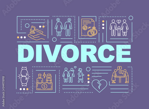 Divorcement word concepts banner. Family destruction, relationship termination. Infographics with linear icons on purple background. Isolated typography. Vector outline RGB color illustration