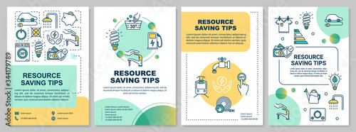 Resource saving tips brochure template. Energy and water waste reduce. Flyer, booklet, leaflet print, cover design with linear icons. Vector layouts for magazines, annual reports, advertising posters