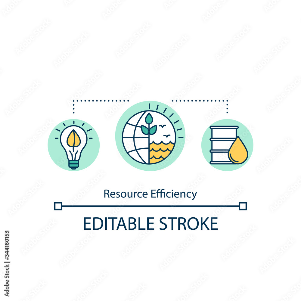 Resource efficiency concept icon. Environment conservation, sustainability idea thin line illustration. Using less electricity and fuel. Vector isolated outline RGB color drawing. Editable stroke Resource efficiency concept icon. Environment conservation, sustainability idea thin line illustration. Using less electricity and fuel. Vector isolated outline RGB color drawing. Editable stroke