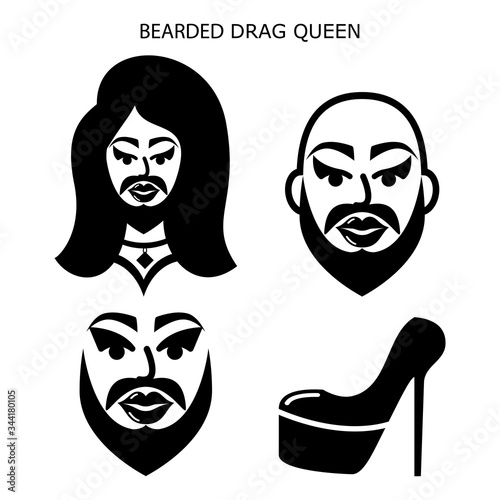 Bearded drag queen vector icons set, drag show, drag performance, man with beard dressed as sexy woman idea
