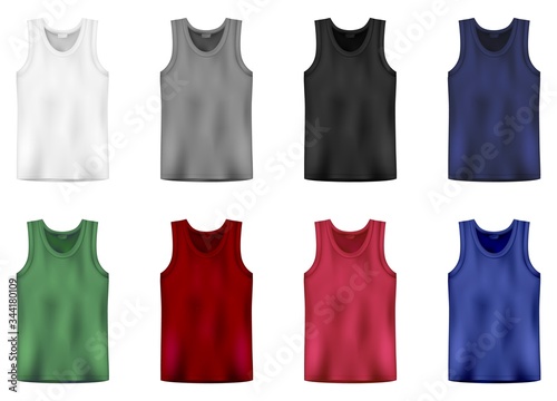 Set of tank top in white, gray,black, blue, green and red colors. Men vest underwear. Isolated sleeveless male sport shirts or men top apparel.
