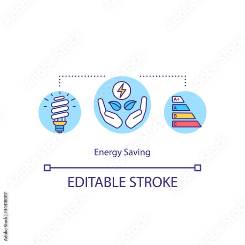 Energy saving concept icon. Energy efficiency, money economy, electricity use reduction idea thin line illustration. Sustainable lifestyle. Vector isolated outline RGB color drawing. Editable stroke