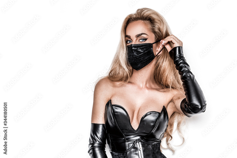 Stay at home awareness social media campaign and coronavirus prevention.  Sexy woman with mask and gloves promotes coronavirus campaigns. Protect  from Coronavirus or Covid-19 epidemic Stock Photo | Adobe Stock