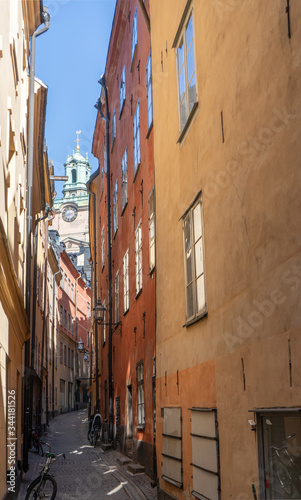 Narrow street in Stockholm. The old town  gamla stan  of the Swedish capital. Photo of medieval architecture.