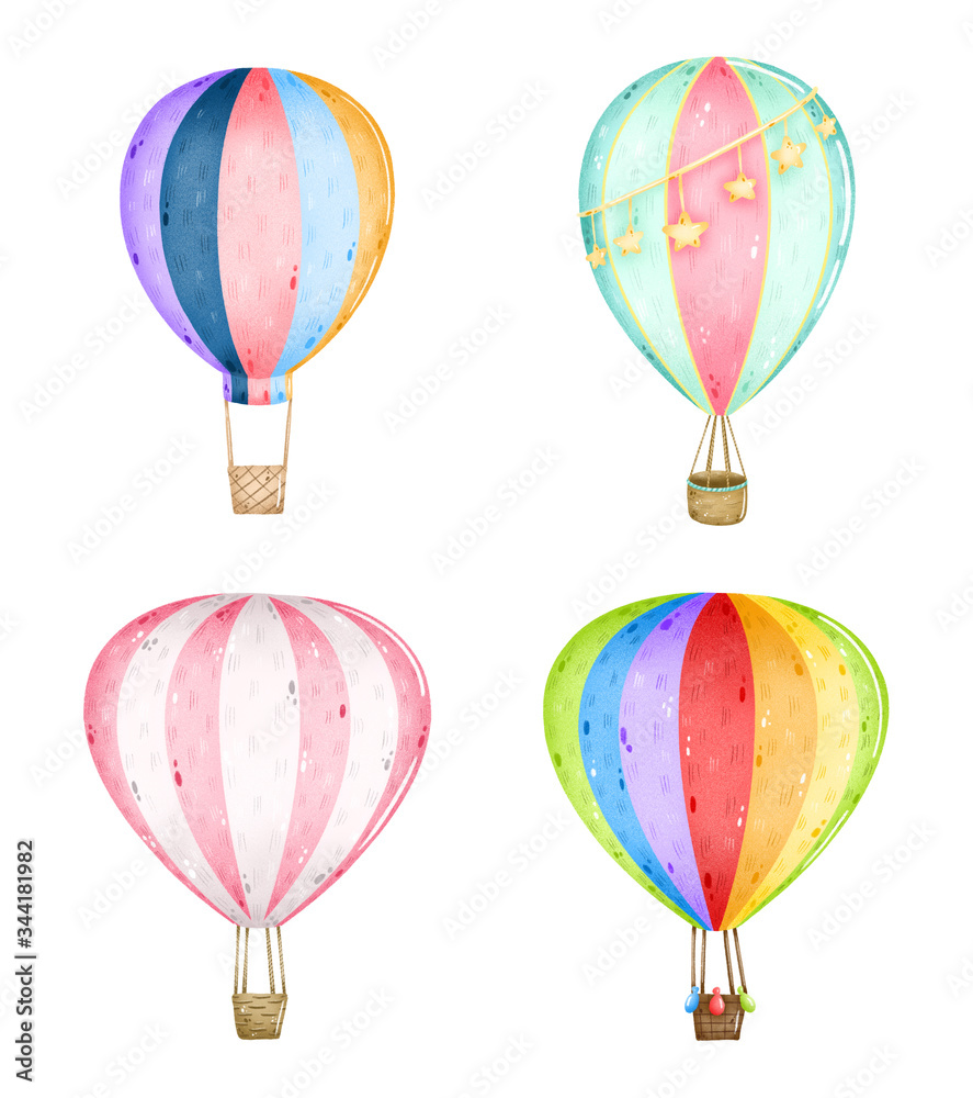 Set of cute cartoon hot air balloons on a white background