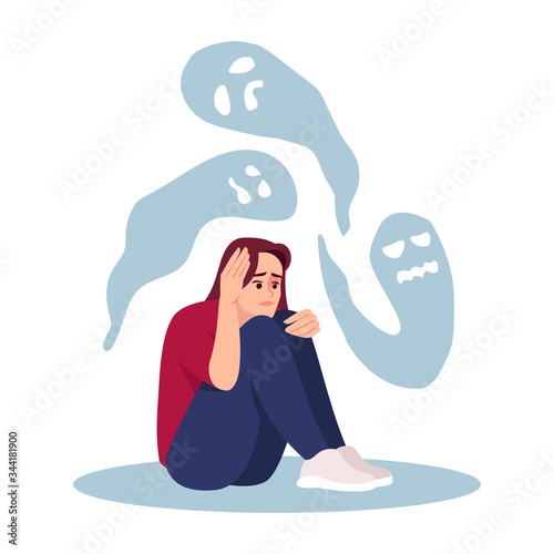 Girl with mental disorder semi flat RGB color vector illustration. Stressed woman haunted by ghosts isolated cartoon character on white background. Emotional stress, depression, schizophrenia