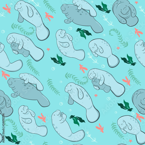 Seamless pattern with manatees and algae. Vector graphics.
