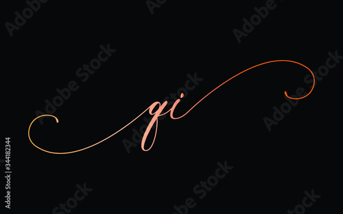 qi or q, i Lowercase Cursive Letter Initial Logo Design, Vector Template