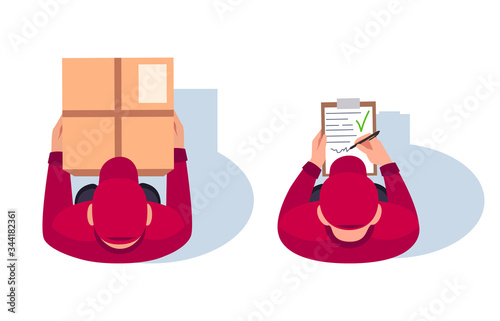 Delivery man position flat vector illustrations set. Postman check document on clipboard. Guy hold cardboard box. Worker hold carton package. Male courier isolated cartoon one character top view kit