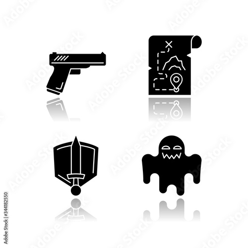 Common movie genres drop shadow black glyph icons set. Action flicks, adventure, history epic and horror films. Popular cinematography categories. Isolated vector illustrations on white space