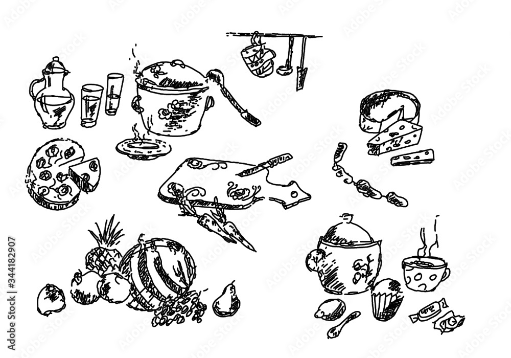 Obraz premium набросок кухонные принадлежности