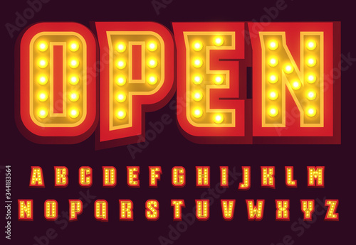 Red letters set with bright lightbulb . Illuminated broadway style alphabet. Font for casino, circus, cinema, gambling club, open signboard, restaurant and party banner. Vector typography design