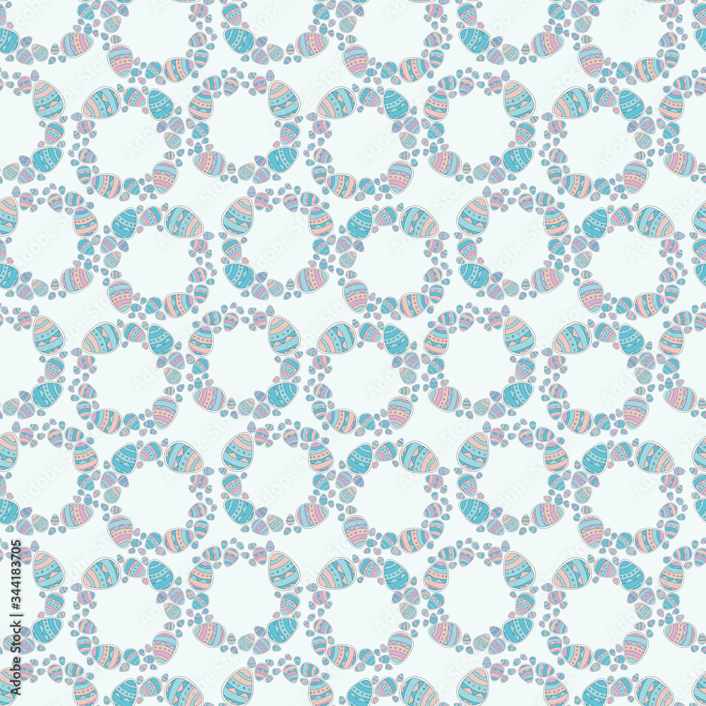 Seamless pattern with wreath of Easter eggs. Cute doodle illustration isolated on bright  blue background. Scandinavian style. Design for print, textile, fabric.