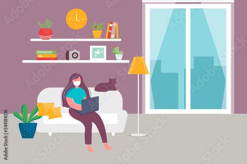 Girl in medical mask with laptop on sofa sits. Staying working at home, working from home. Self-isolation shield from coronavirus. Remote work from home during Quarantine. Illustration in flat style