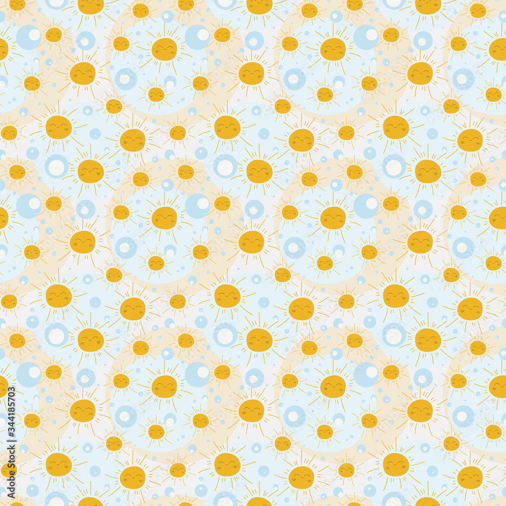 Seamless pattern with suns and different colors circles. Cute doodle illustration isolated on bright background. Scandinavian style. Design for print, textile, fabric. Seamless pattern with suns and different colors circles. Cute doodle illustration isolated on bright background. Scandinavian style. Design for print, textile, fabric.