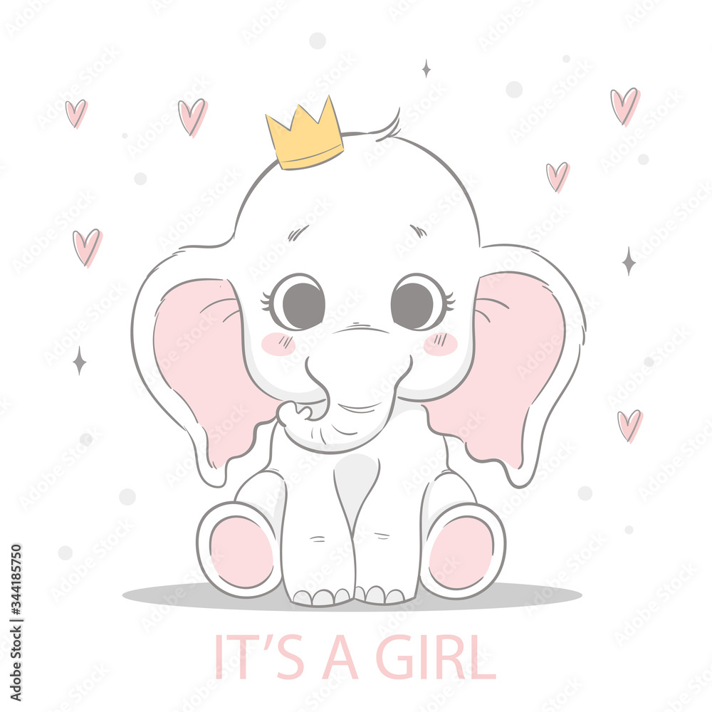 Postcard it's a girl with a cute elephant. Dots and hearts on the background. Postcard it's a girl with a cute elephant. Dots and hearts on the background.