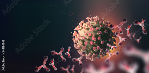 Virus under microscope. Antibodies and viral infection. Immune defense of body. Attack on antigens 3D illustration