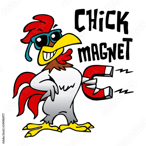 Rooster with sunglasses holding a big magnet, text chick magnet, color cartoon