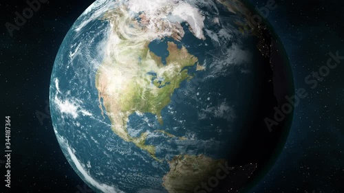Planet Earth, seen from space, zooming in and centering on Washington, D.C., capital of the USA. 3D computer generated animation.