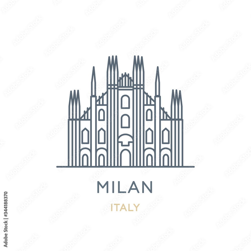 Milan city, Italy. Line icon of the famous and largest city in Europe. Outline icon for web, mobile, and infographics. Landmark and famous building. Vector illustration, white isolated. 