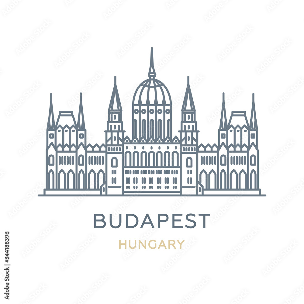 Fototapeta premium Budapest city, Hungary. Line icon of the famous and largest city in Europe. Outline icon for web, mobile, and infographics. Landmark and famous building. Vector illustration, white isolated. 