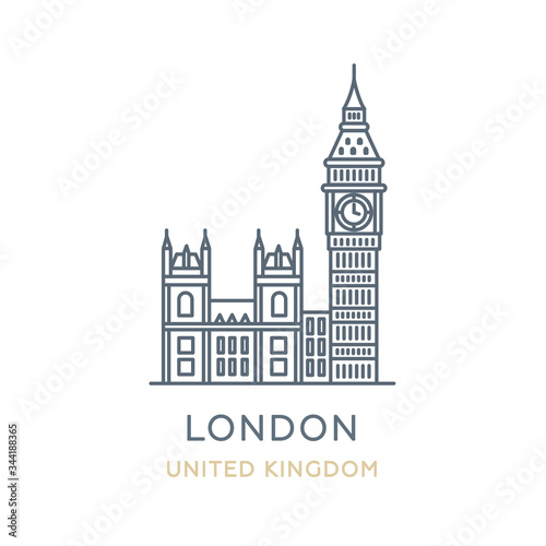 London city, United Kingdom. Line icon of the famous and largest city in Europe. Outline icon for web, mobile, and infographics. Landmark and famous building. Vector illustration, white isolated. 