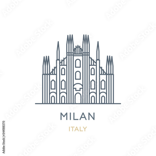 Milan city, Italy. Line icon of the famous and largest city in Europe. Outline icon for web, mobile, and infographics. Landmark and famous building. Vector illustration, white isolated. 