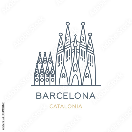 Barcelona city, Spain. Line icon of the famous and largest city in Europe. Outline icon for web, mobile, and infographics. Landmark and famous building. Vector illustration, white isolated. 
