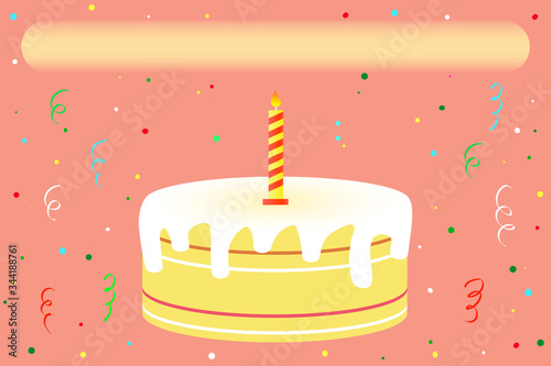 Horizontal mockup for a party or birthday invitation, in pink colors with cake, candle, place for text, photo and confetti