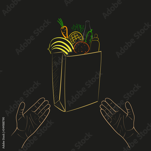 Food donation paper bag with giving hands, for homeless and pure people during quarantine. Vector concept illustration on black background in outline handdrawn style