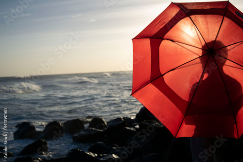 Person with red umbrella on the beach