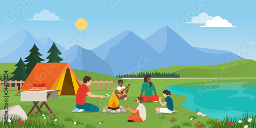 Happy family camping together in nature
