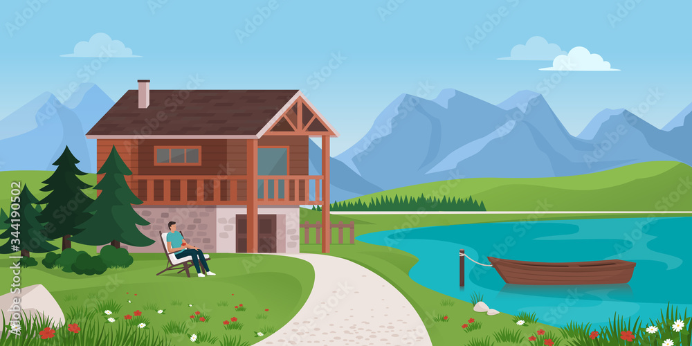 Man relaxing in nature and mountain chalet