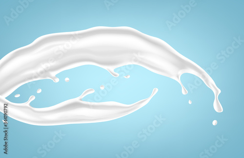 Milk splash. Realistic milky splashes and drops of dairy drink or yoghurt isolated on blue background