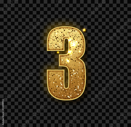 Golden Glitter number three. Vector realistick shining golden number 3 sparkles. Luxury Golden Glitter elegant celebration design for decoration of cute wedding, anniversary, party, label, headline. photo