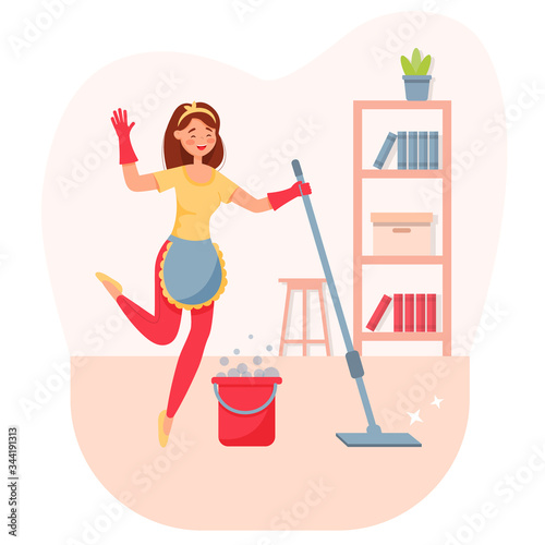 The girl is cleaning the apartment. The concept of stay home. Vector cartoon illustration