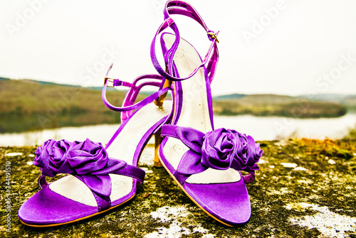 New purple velvet high heel shoes on a wall with lake behind
